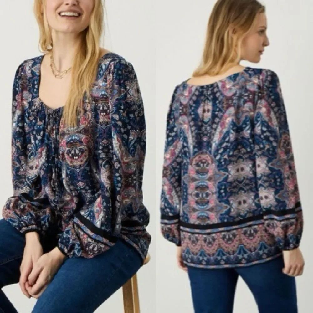Monsoon Elaina Navy Blue Multicolor Paisley Square Neck Top Sz 4 Boho Cottage
